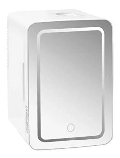 Mirrored Beauty Fridge With LED Lighting, Portable White Mini Refrigerator Skin Care, Makeup Storage, Chill Cosmetics & Face Masks, Small For Desktop Or Travel, Cool & Heat, 6 Liter Capacity