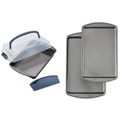 Wilton Perfect Results Non-Stick Oblong Cake Pan With Lid And Cutter, 3-Piece Set & Perfect Results Premium Non-Stick Bakeware Cookie Baking Sheets Set, 2-Piece, Steel
