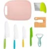 Ooden Kids Knife Set, 8pcs Kids Safe Knifes Include Wood Kids Safe Knife, Serrated Edges Plastic Toddler Knives, Crinkle Cutter, Potato Slicers Cute Rectangle Cutting Board Kids Kitchen Real Cooking -Wilton Shop 314HhFm4ytL