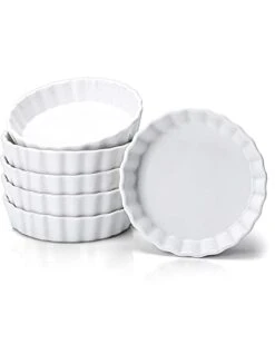 8 Oz Creme Brulee Ramekins, Porcelain Ramekins Oven Safe, Round Tart Pan Mini Fluted Quiche Dishes, Set Of 6, White