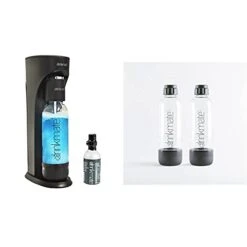 Soda Maker, Carbonates ANY Drink, With 3 Oz CO2 Starter Cylinder - Matte Black & Black 1L Carbonating Bottles (2 Pack), 1 Liter