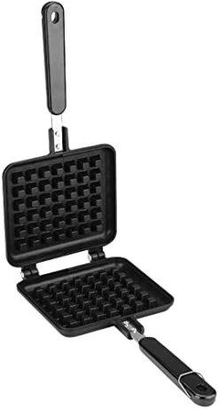 Waffle Baking Mold Pan, Non-Stick Waffle Maker Pan Mould Press Plate Cooking Baking Tool, Insulated Handle Press The Double-Side Plate, For Fuel Gas Stove (Black_Aluminum + Aluminum Alloy)