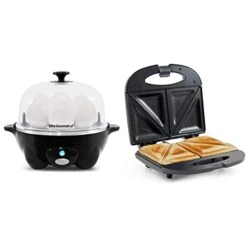 Elite Gourmet EGC-007B# Rapid Egg Cooker, 7 Easy-To-Peel, Hard, Medium, Black & ESM2207 Maxi-Matic Sandwich Panini Maker Grilled Cheese Machine Tuna Melt Omelets Non-Stick Surface, 2 Slice, Black