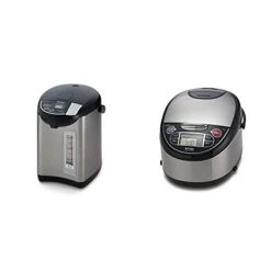 TIGER PDU-A40U-K Electric Water Boiler And Warmer, Stainless Black, 4.0-Liter & 5-Cup (Uncooked) Micom Rice Cooker With Food Steamer & Slow Cooker, Stainless Steel Black