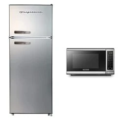 FRIGIDAIRE EFR753-PLATINUM EFR753, 2 Door Apartment Size Refrigerator With Freezer, Retro Chrome Handle, 7.5, Silver & BLACK+DECKER EM720CB7 Digital Microwave Oven 700W, Stainless Steel, 0.7 Cu.ft