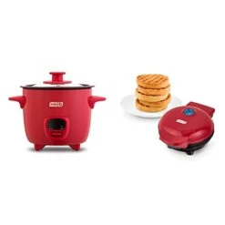 Dash Ash DRCM200GBRD04 Mini Rice Cooker Steamer With Removable Nonstick Pot, Keep Warm Function & Recipe Guide, Red & DMW001RD Mini Maker, 4 Inch, Red