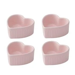 Lines Design Heart Shaped Porcelain Ramekin Bowls Souffle Dishes Creme Brulee Dishes Baking Dishes-Blue/Pink/White(Set Of 4)