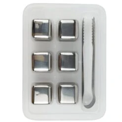 6PCS Stainless Steel Whiskey Stones Gift Set, Reusable Cooling Whisky Rocks, Metal Ice Cubes Beverage Chilling Stones, Wine Cooler With Ice Tong (Silver Set)