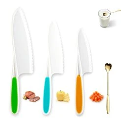 Childrens Knife Set, Kids Children Knives Safe Cooking Firm In 3 Sizes Colors Real Fit Beginners Nylon Fruit Sandwich Salads Vegetables Cakes Kid Friendly Sturdy Love Spoon 4Pack