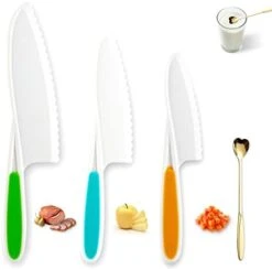 Kids Safe Knifes,Children's Nylon Knives Set Silicone Firm Real Fit Toddler Love Spoon Beginners Friendly Reusable Peeler Fruit Board Sturdy Childrens Cooking Year Old Age Suitable Salad 4Pack Color -Wilton Shop 31c71KdUukL. AC