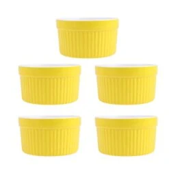 5pcs Porcelain Ramekin Bakeware For Souffle Dishes Creme Brulee Pudding Souffle Custard Cups Dessert (Yellow)