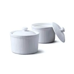 Of 2 Traditional Porcelain Deep Ramekins 9cm Diameter With Lids – White