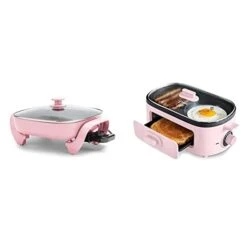 Healthy Ceramic Nonstick, 12" 5QT Square Electric Skillet With Glass Lid, Dishwasher Safe, Pink & 3-in-1 Breakfast Maker Station, Healthy Ceramic Nonstick Dual Griddles