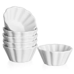 Ramekins 8 Oz Oven Safe, Creme Brulee Porcelain Ramekins For Baking, Flower-Shaped Custard Cups, Condiments Cups, Souffle Dish, Dipping Bowls, Set Of 6, White
