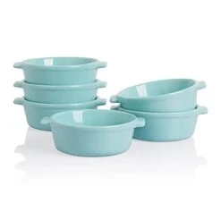 Ceramic Souffle, Round Double Handle Ramekins, 10oz Creme Brulee, Custard Cheese And Dipping Sauce, Set Of 6(Turquoise)
