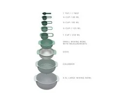 Joseph Joseph Nest 9 Nesting Bowls Set With Mixing Bowls Measuring Cups Sieve Colander, 9-Piece, Editions (Sage)