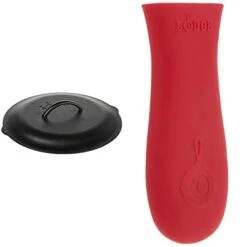 Lodge L10SC3 Cast Iron Lid, 12-inch & Silicone Hot Handle Holder - Red Heat Protecting Silicone Handle For Cast Iron Skillets With Keyhole Handle