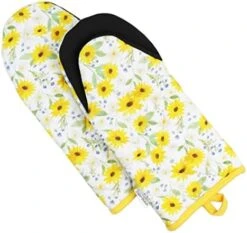 Heat Resistant Designer Kitchen Oven Mitts With Neoprene Non-Slip Grips And Hanging Loops | Set Of 2 100% Cotton Long Sleeve Kitchen Oven Mitts | 5.5" X 12" | Yellow Lemons -Wilton Shop 41 iNbt 2XL. AC