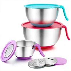 Mixing Bowls, 5/3 / 1.5 Qt, Stainless Steel Salad Bowl Metal Mixing Bowls With Lids & 3 Graters, Long Handle & Pour Spout, Healthy & Heavy Duty, Dishwasher Safe