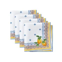 Capri Lemon Double-Bordered Mediterranean Cloth Napkins, 17 Inches By 17 Inches, Set Of 4