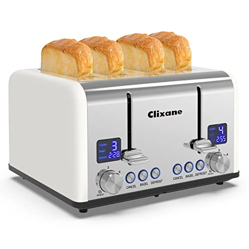 Toaster 4 Slice,1.5"Extra Wide Slot Stainless Toaster With Bagel Defrost Cancel Function, Dual Screen, Removal Crumb Tray (White) 3 Toaster 4 Slice,1.5"Extra Wide Slot Stainless Toaster With Bagel Defrost Cancel Function, Dual Screen, Removal Crumb Tray (White)