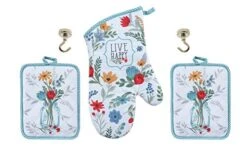 Blooming Thoughts Floral Kitchen Linen Set - 5 Piece Bundle Includes 2 Potholders, 1 Oven Mitt, And 2 Magnetic Hanging Hooks