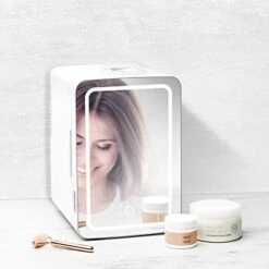 Mirrored Beauty Fridge With LED Lighting, Portable White Mini Refrigerator Skin Care, Makeup Storage, Chill Cosmetics & Face Masks, Small For Desktop Or Travel, Cool & Heat, 6 Liter Capacity -Wilton Shop 415VJDkZ0BL