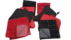 Wel Linen Set - Kitchen Decor (8 Pc) Bold Red And Black Color Combination That Pops - Kitchen Towel Potholder Scrubber Dishcloth Oven Mitt Set - Kitchen Decorations -Wilton Shop 415WtDRD9yL