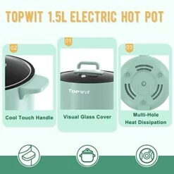 Wit Electric Hot Pot, 1.5L Non-stick Ramen Cooker, Multi-Function Electric Pot For Pasta, Noodles, Steak, Egg, Electric Cooker With Dual Power Control, Over-Heating And Boil Dry Protection, Green -Wilton Shop 415XYSJDL6L