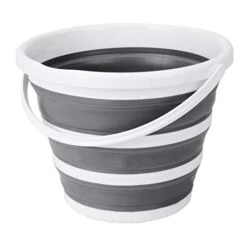 Indoor And Outdoor Collapsible Bucket With Handle, 10 Liters, 2.6 Gallons, Gray And White