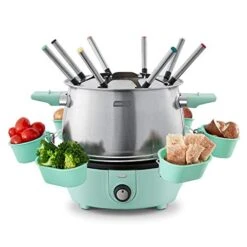 Dash Deluxe Stainless Steel Fondue Maker With Temperature Control, Fondue Forks, Cups, And Rack, With Recipe Guide Included, 3-Quart, Non-Stick – Aqua