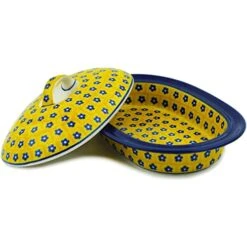 Authentic Polish Pottery 7¾-inch Baker With Cover Made By Ceramika Artystyczna (Sunshine Theme) + Certificate Of Authenticity