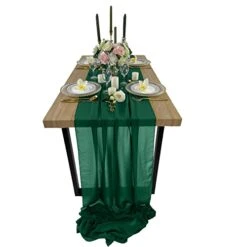 10ft Chiffon Table Runners 27x120 Inches Romantic Sheer Wedding Table Runner Top Table Bridal Party Decoration (Emerald Green，10ft)