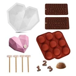 Heart Silicone Molds Set Includes 1x Breakable Heart Mold,4x Wood Hammers,2x Number And Letter Molds, 2x Hot Chocolate Bomb Molds. (9 Sets)