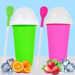 Keychain Slushy Cup Slushie Cups, Slushy Cup 2 Pack, Slushy Maker Slushie Squeeze Cup, Frozen Magic Slushy Maker Cup, Travel Portable Double Layer Silica Cup For Fun(PINK+GREEN)