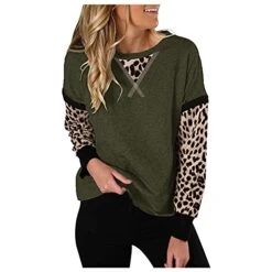 VODMXYGG Womens Pullover Long Sleeve Round Neck Sweatshirts Leopard Patchwork Shirts Winter Casual Basic Tops