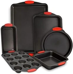 Baking Pan 8 Piece Set Nonstick Carbon Steel Oven Bakeware Kitchen Set With Silicone Handles, Cookie Sheet, 2 Round Cake Pans, Square Pan, Loaf Pan, Deep Dish Pan, Pizza Crisper, Muffin Pan By PERLLI -Wilton Shop 419xMf9owlL. AC