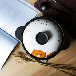 3-Quart Cartoon Pattern Ceramic Round Black Dish Casserole/Clay Pot/Earthen Pot/Ceramic Cookware With White Lid Heat-Resistant Fox Girl Uncle Brown Bear Gift Box…
