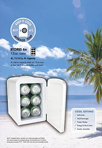 Mini Portable Compact Personal Fridge Cooler, 4 Liter Capacity Chills Six 12 Oz Cans, 100% Freon-Free & Eco Friendly, For Home Outlet & 12V Car Charger - White 4 Mini Portable Compact Personal Fridge Cooler, 4 Liter Capacity Chills Six 12 Oz Cans, 100% Freon-Free & Eco Friendly, For Home Outlet & 12V Car Charger - White - Image 2