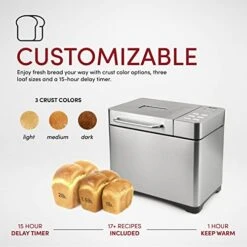 Aroma Housewares Professional 2 Lb. Digital Bread Maker, 17 Preset Functions And 3 Crust Colors, Automatic Fruit & Nut Dispenser, Stainless Steel (ABM-270), Silver -Wilton Shop 41CMDuHUEbL