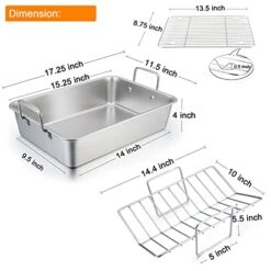 Roasting Pan, 15 Inch Large Turkey Roaster Lasagna Pan With V Rack & Cooling Rack Set Stainless Steel For Thanksgiving Christmas, Healthy & Heavy Duty, Deep Side & Dishwasher Safe - 3 PCS