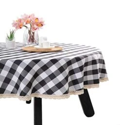 55Inch Gingham Checkered Tablecloth, Black & White Checker, Round Lace Polyester Tablecloth