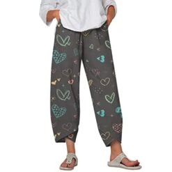 Capri Pants For Women Casual Cotton Linen Flowers Printed Cropped Pants Wide Leg Cropped Pants