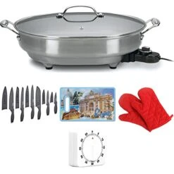 CSK-150 1500W Nonstick Electric Skillet Brushed Stainless Bundle With Cuisinart 12 Piece Ceramic Coated Cutlery Set, 3D Rome Cutting Board, Pair Of Red Oven Mitt And Kitchen Timer