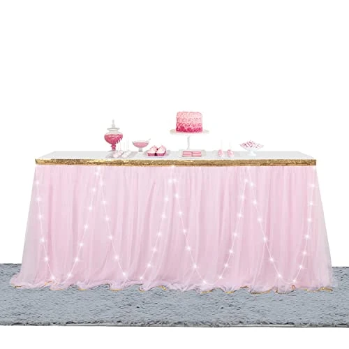 Pink Tutu Table Skirt LED Lights Tulle Table Skirt For Rectangle Tables Decoration Baby Shower Wedding Birthday Party 4ft 5 Pink Tutu Table Skirt LED Lights Tulle Table Skirt For Rectangle Tables Decoration Baby Shower Wedding Birthday Party 4ft - Image 3