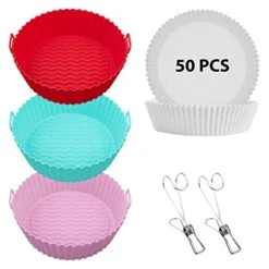 MANCOYL 3pcs Air Fryer Silicone Liners,8.5Inch Reusable Air Fryer Accessories,50pcs 6.5Inch Parchment Paper,Nonstick,Easy Cleaning,Food Safe,Air Fryer Liner Round(Pink+Blue+Red)
