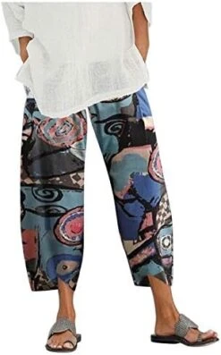 Capri Pants For Women Casual Cotton Linen Flowers Printed Cropped Pants Wide Leg Cropped Pants -Wilton Shop 41JDLCcm4EL. AC 1