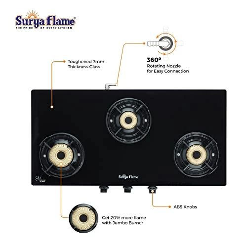 Urya Flame Ms & Glasstop 3 Burners Beauty Gas Stove, Black 7 Urya Flame Ms & Glasstop 3 Burners Beauty Gas Stove, Black - Image 5