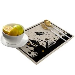 Halloween House Placemat Set Of 6, Haunted House Pumpkins Farmhouse Place Mats Non-Slip Heat-Insulated Witch Castle Table Mats Washable Linen Kitchen Placemats For Dining Table Scary Movie Nights -Wilton Shop 41KYVOKiuvS