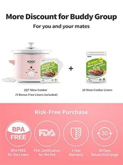 [Bundle Group] KOOC 2-Quart Slow Cooker (with 5 Bonus Free Liners) + Additional 1 Pack Of 10 Liners For Easy Clean-up, Upgraded Pot, Adjustable Temp, Nutrient Loss Reduction, Stainless Steel
